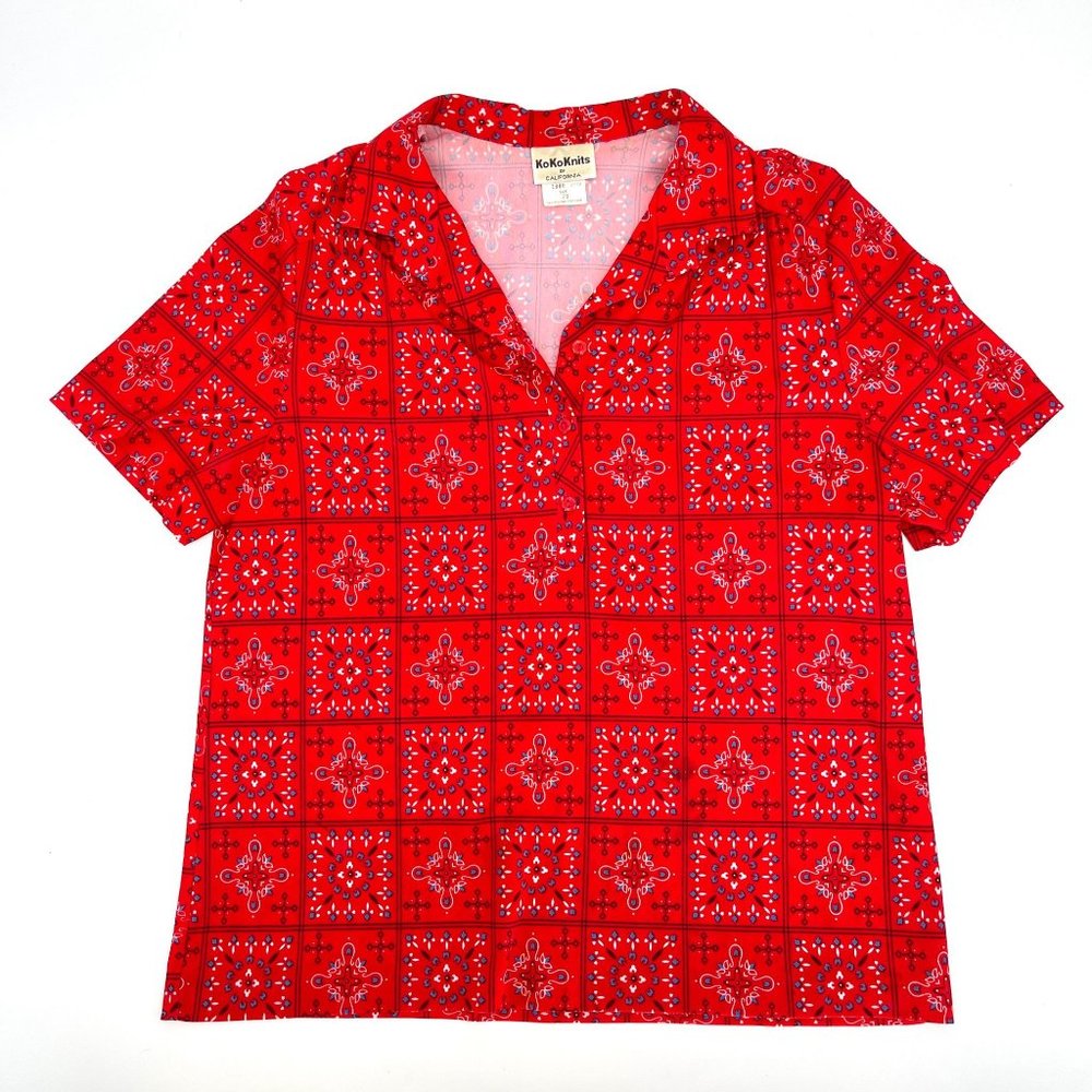 Vintage 1970s KoKo Knits Red Western Bandana Print Synthetic Polo